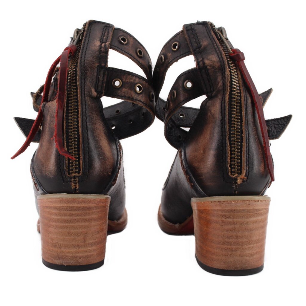 Black strappy heels from back with zip detail and wood block heel