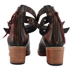 Black strappy heels from back with zip detail and wood block heel