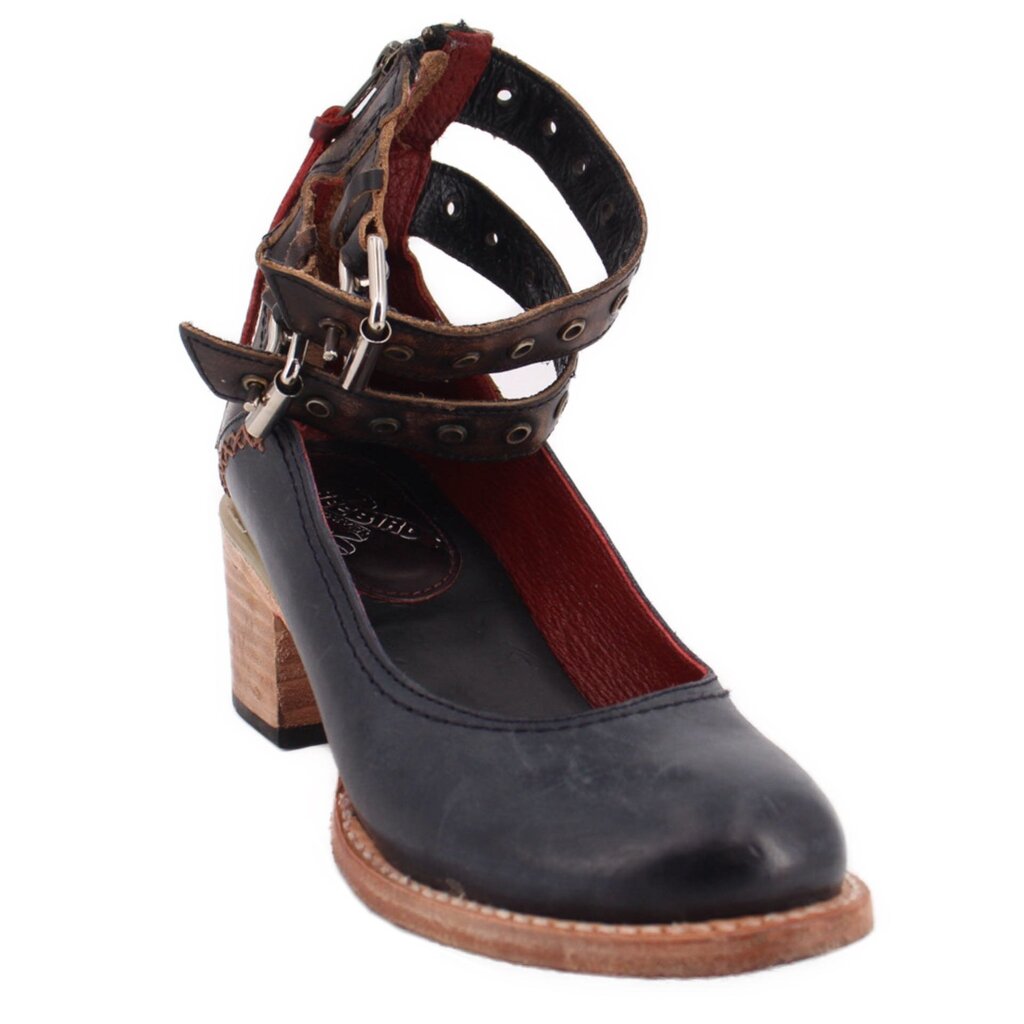 Strappy black heeled sandals with ankle buckles and wood block heel