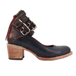 Black strappy heeled pumps with buckle straps and square wood heel