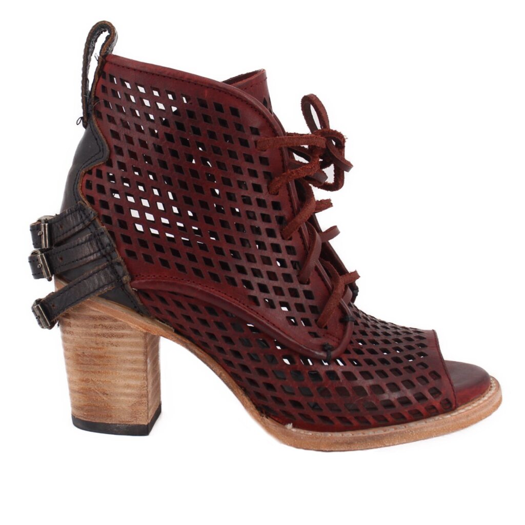 Red perforated lace-up ankle boots with side buckle strap and block heel