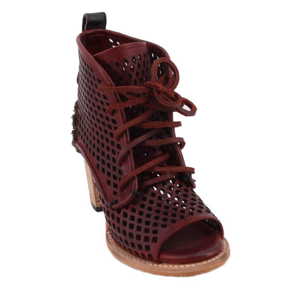 Red perforated lace-up ankle boots with peep toe and chunky heel