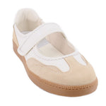 Mary Jane sneakers with white strap, cream suede uppers, and tan rubber outsole