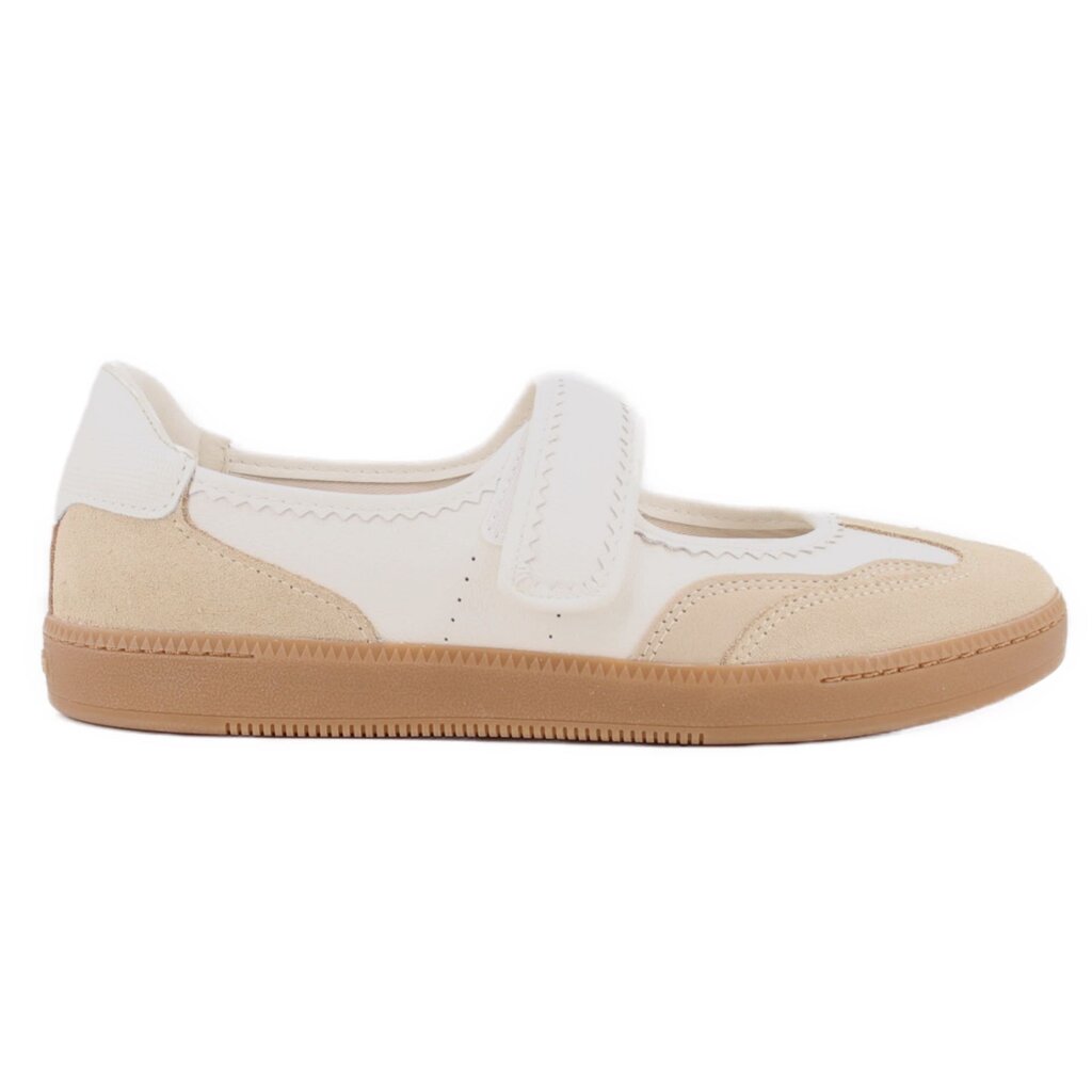 Mary Jane sneakers side view with white strap, cream panels, and tan sole