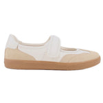Mary Jane sneakers side view with white strap, cream panels, and tan sole