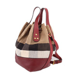 Check canvas bucket crossbody bag with adjustable burgundy shoulder strap