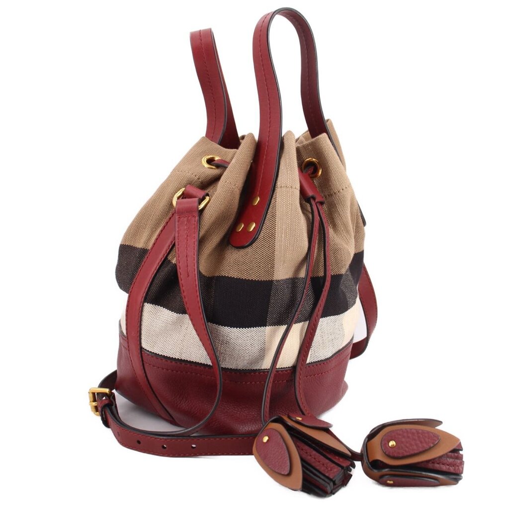 Bucket crossbody bag with double straps, burgundy base, and check canvas panels