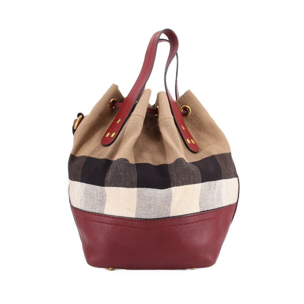 Check canvas bucket bag with burgundy leather bottom and drawstring top handles