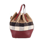 Check canvas bucket bag with burgundy leather bottom and drawstring top handles