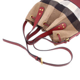Check canvas bucket crossbody bag, burgundy shoulder strap and gold-toned hardware