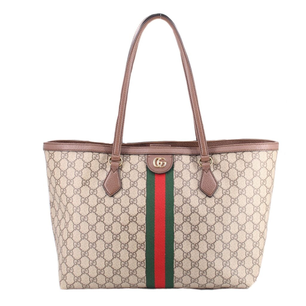 GUCCI Ophidia large tote bag with GG canvas, brown leather trim, green-red stripe.