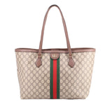 GUCCI Ophidia large tote bag with GG canvas, brown leather trim, green-red stripe.
