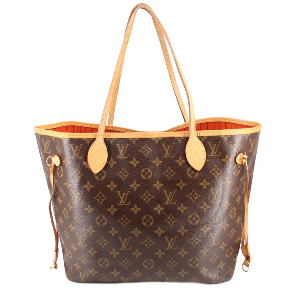 Louis Vuitton monogram Neverfull MM tote bag with tan leather trim and top handles