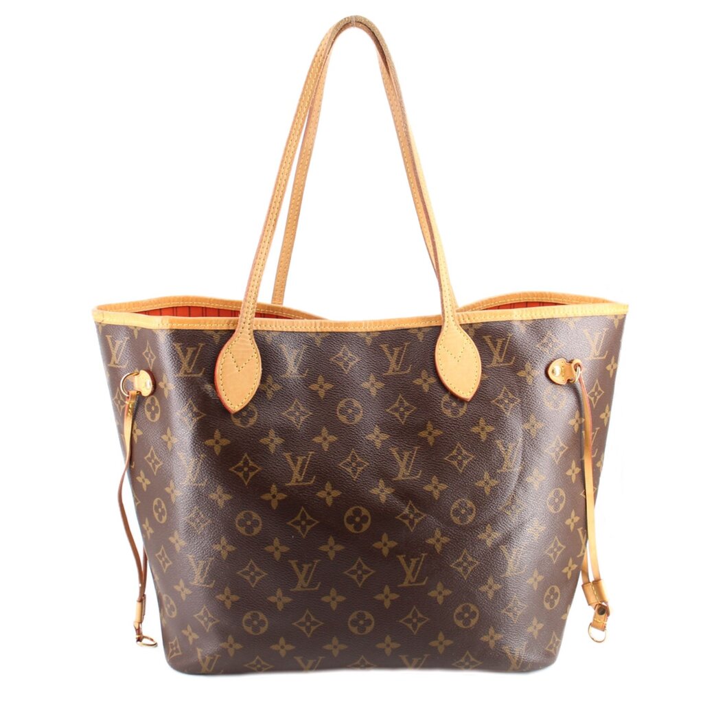 Monogram Neverfull MM tote bag with tan leather handles and gold-tone hardware