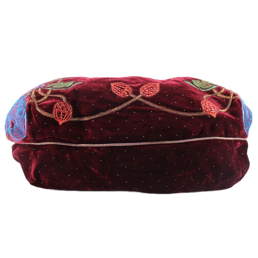 Maroon velvet mini spy bag with embroidered top edge and multicolor floral accents