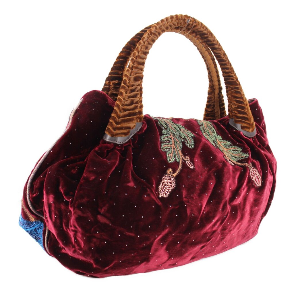 Maroon velvet mini spy bag with top handle and glittery dotted texture