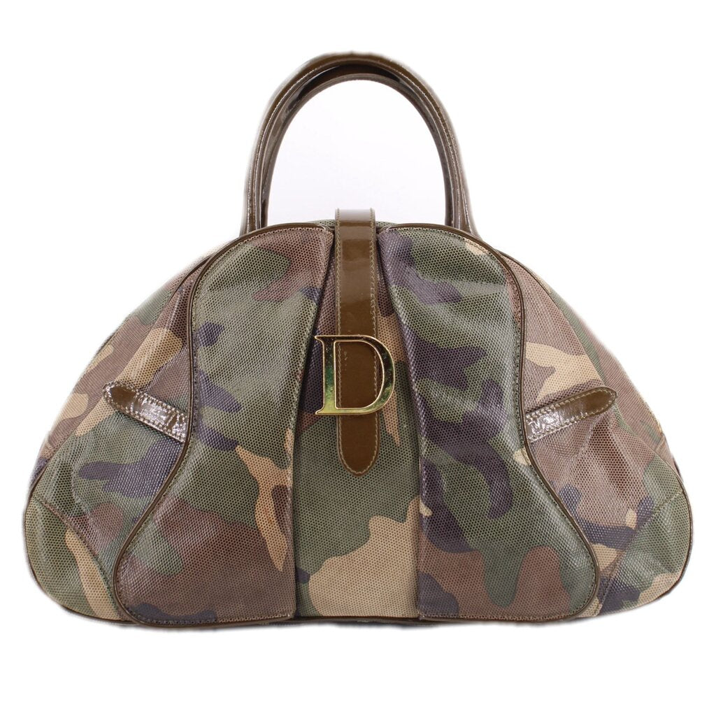 DIOR camouflage bowler handle bag with gold D double-saddle emblem