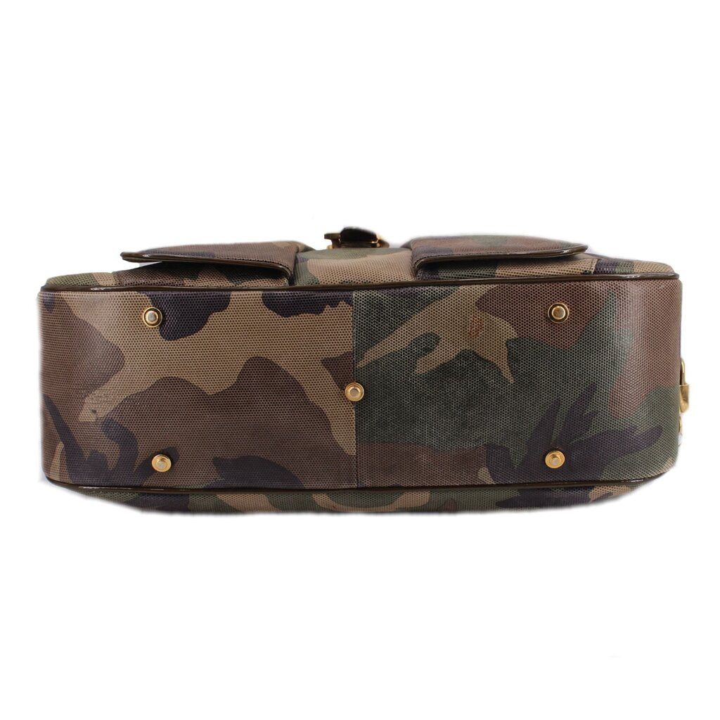 DIOR camouflage bowler bag back panel with metal feet and zippered compartments
