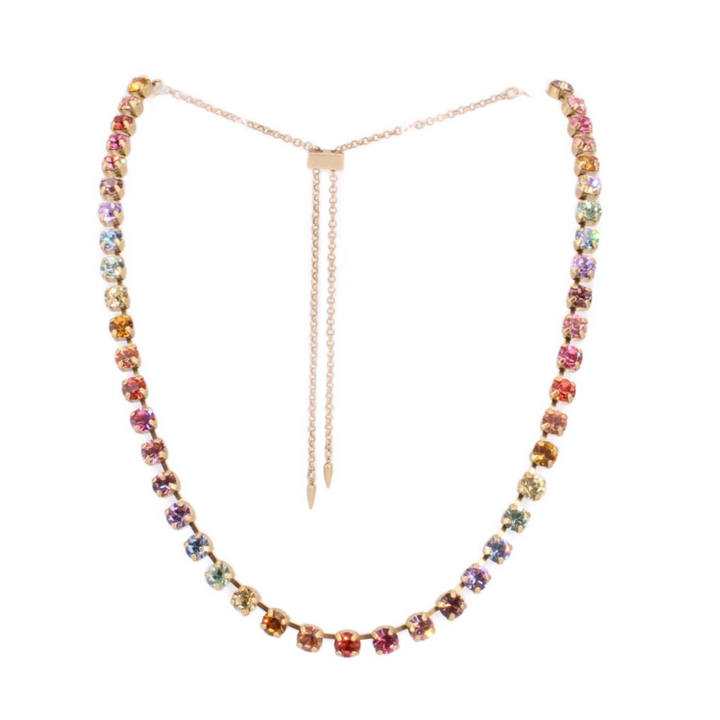 Gold-tone slider necklace with multicolor ombre bead strand and long dangling chain