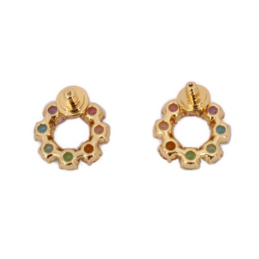 Gold-tone round hoop earrings with multicolor stones and visible screwback post