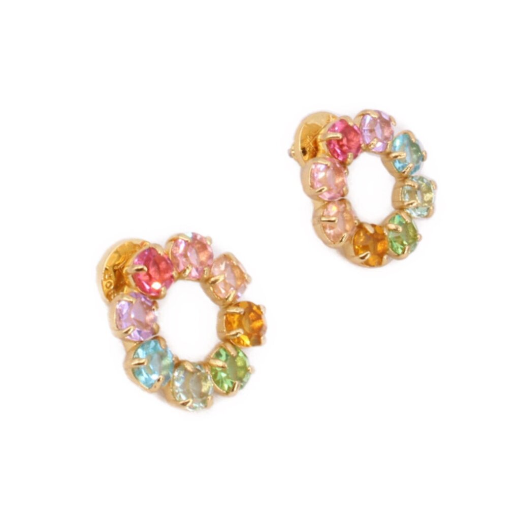 Gold-tone hoop earrings with pink, lavender, aqua, and green crystals around an open circle