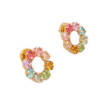 Gold-tone hoop earrings with pink, lavender, aqua, and green crystals around an open circle