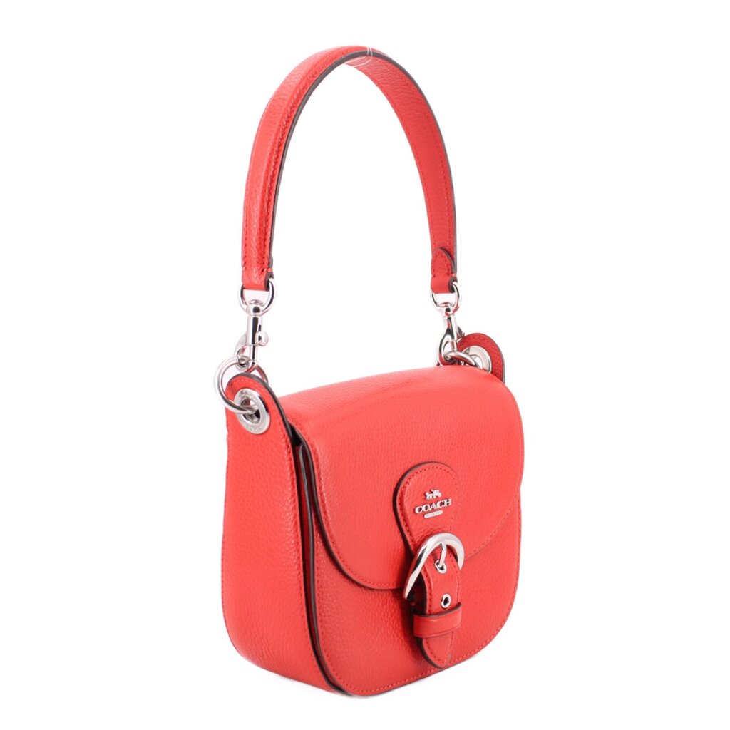 Red leather crossbody bag with top handle straps and front flap logo patch