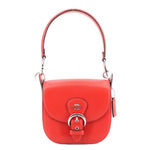 Red leather flap crossbody bag with metal lock ring and hanging key charm