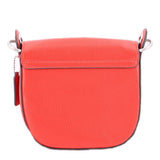 Red leather crossbody bag with front flap and silver-toned hardware loops