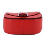 Red leather crossbody bag with top handle ring and smooth curved top edge