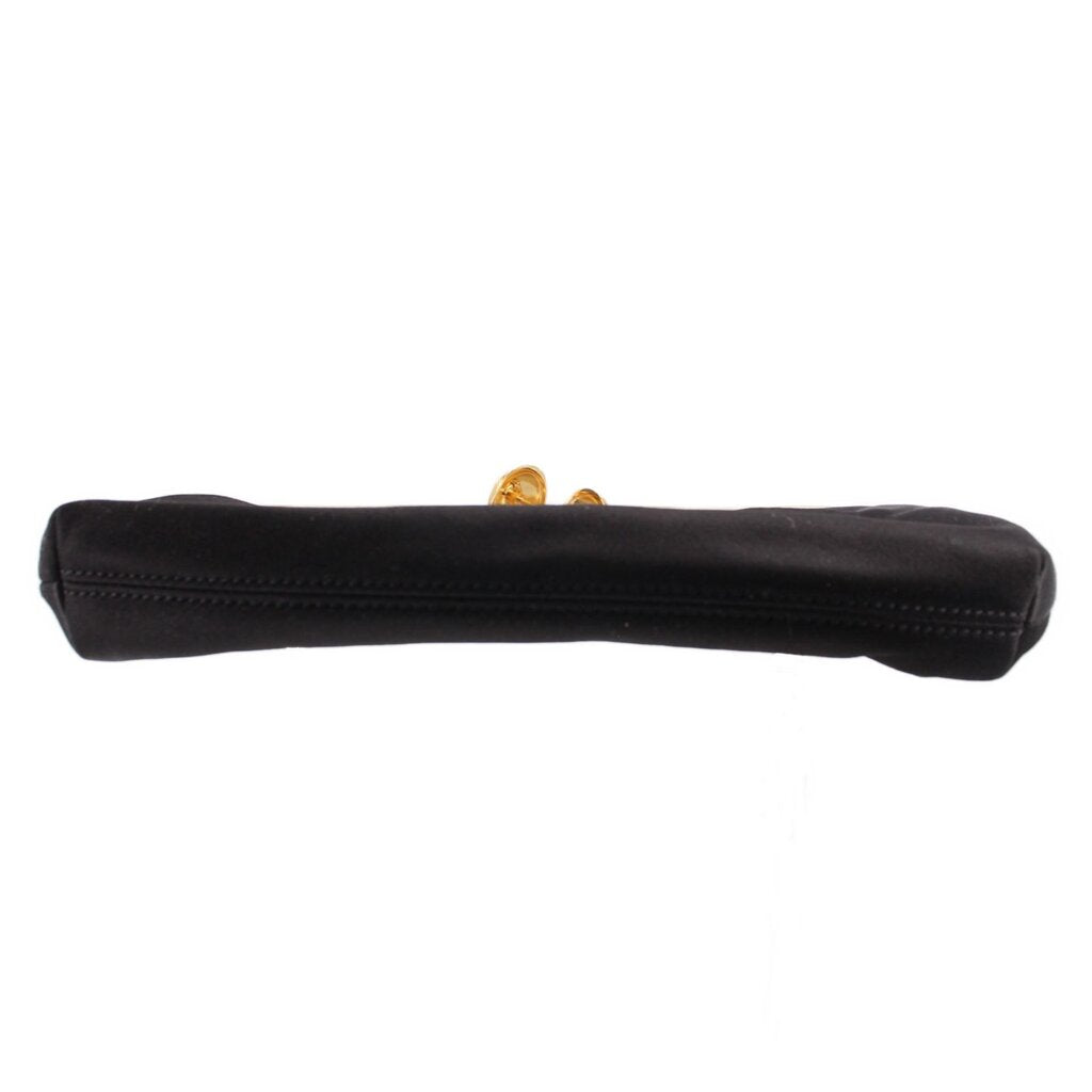 Black satin shoulder bag strap with stitched edge and gold kisslock top hardware