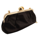 Black satin kisslock shoulder bag with gold frame and curved clasp