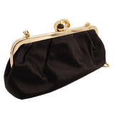 Black satin kisslock shoulder bag with gold frame and curved clasp
