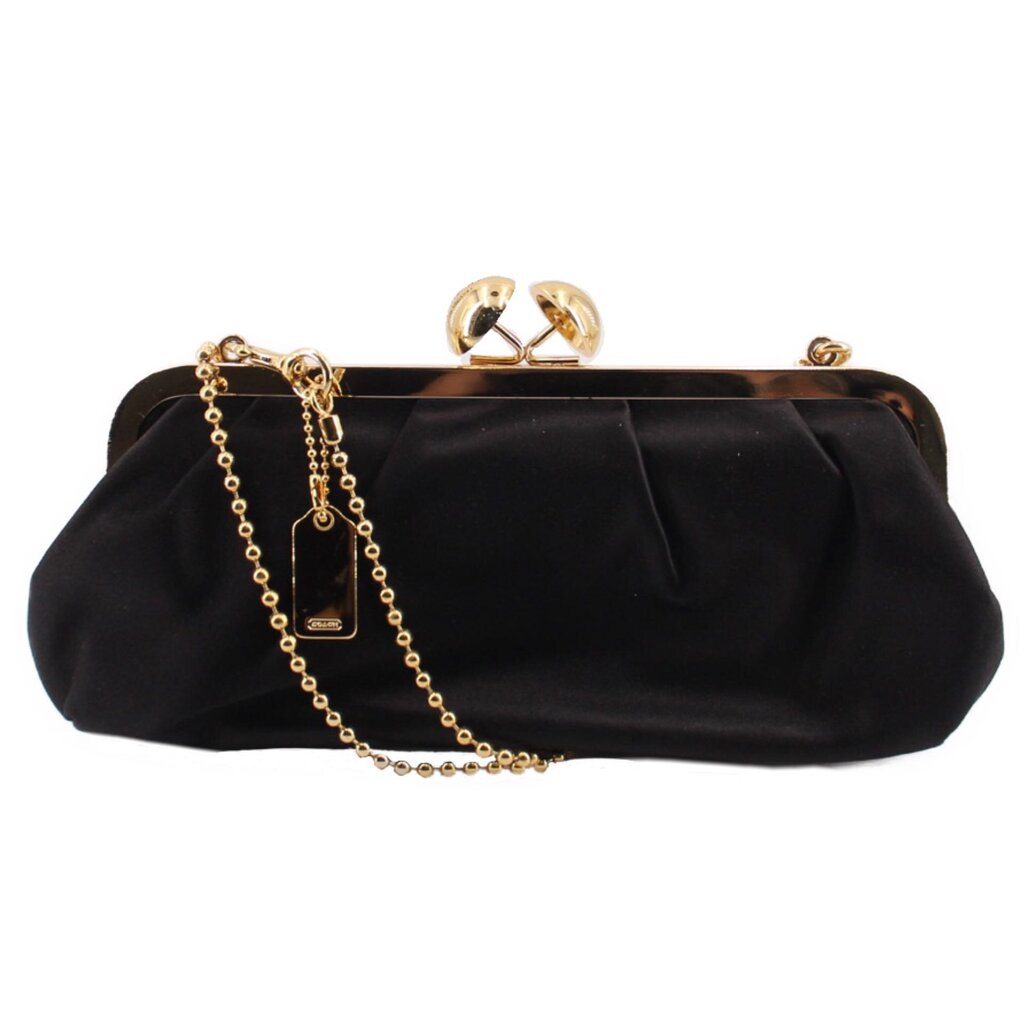 Black satin kisslock shoulder bag with gold clasp and long chain strap