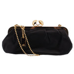 Black satin kisslock shoulder bag with gold clasp and long chain strap