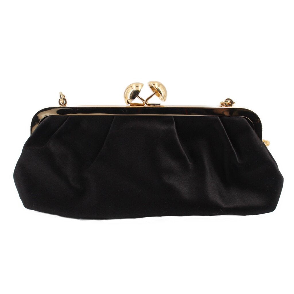 Black satin kisslock shoulder bag with gold top clasp hardware