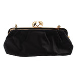 Black satin kisslock shoulder bag with gold top clasp hardware