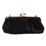 Black satin kisslock shoulder bag with gold top clasp hardware