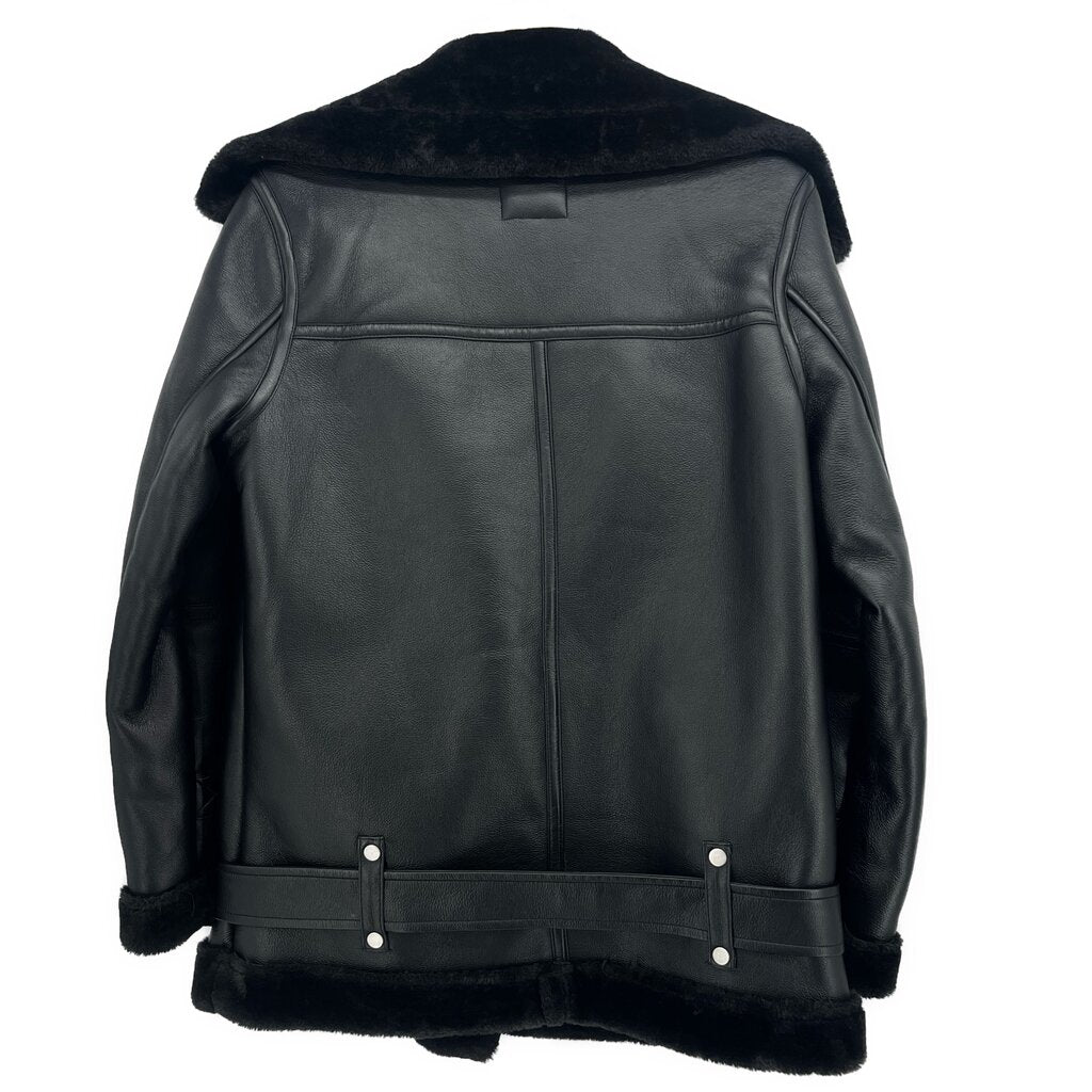 Black vegan outerwear jacket, back view with zip front and button belt at hem
