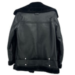 Black vegan outerwear jacket, back view with zip front and button belt at hem