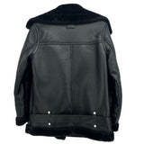 Black vegan outerwear jacket, back view with zip front and button belt at hem