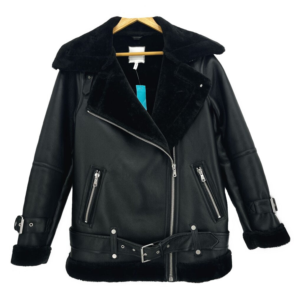 Black vegan outerwear jacket with sherpa collar, zip front, side zip pockets