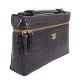 CHANEL vanity crossbody bag, dark leather, gold zipper top and dangling charm