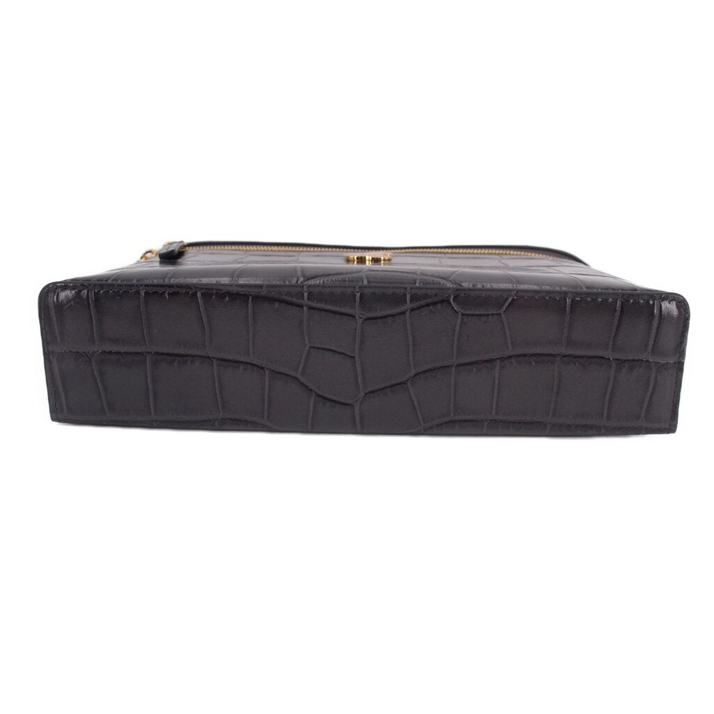 CHANEL vanity crossbody bag top view, dark crocodile-textured leather and gold zipper