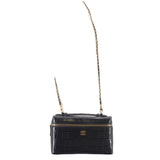 CHANEL vanity crossbody bag with long gold-tone chain strap, dark leather, logo front