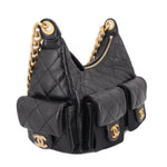 Black quilted hobo bag with side pocket flaps, gold-tone chain, and CHANEL logo