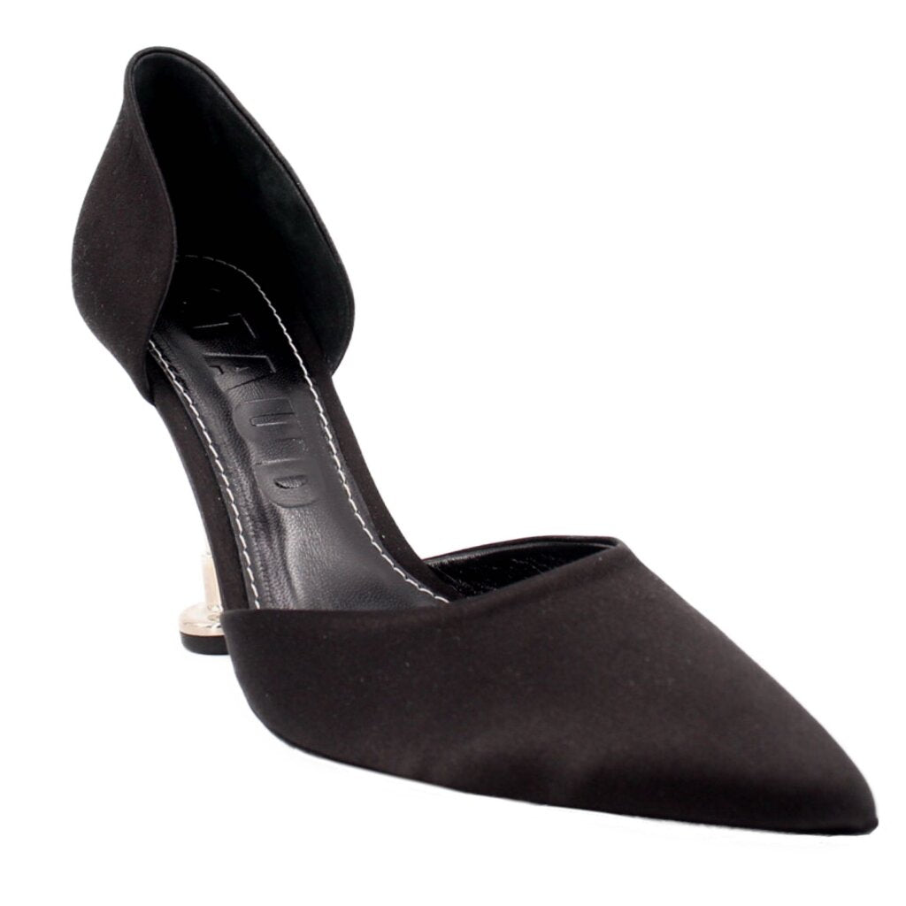 Black satin pointed-toe heels with slim stiletto heel and ankle-cut profile