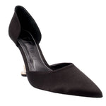 Black satin pointed-toe heels with slim stiletto heel and ankle-cut profile