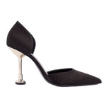 Black satin pointed-toe heels with tall stiletto heel and sleek ankle-cut upper