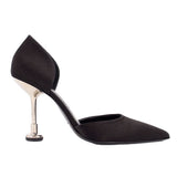 Black satin pointed-toe heels with tall stiletto heel and sleek ankle-cut upper
